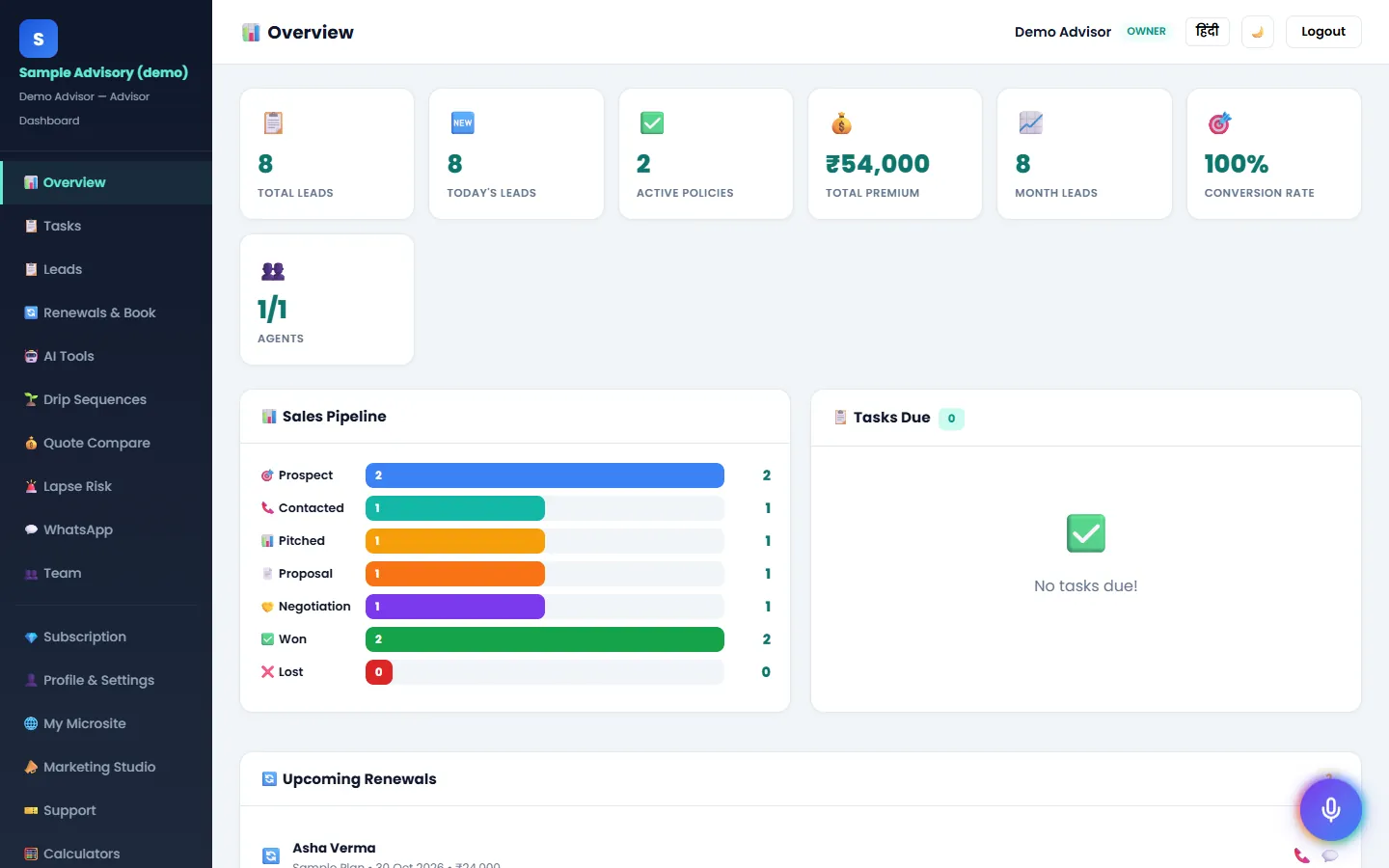 Sarathi web dashboard (sample firm, made-up names and numbers)